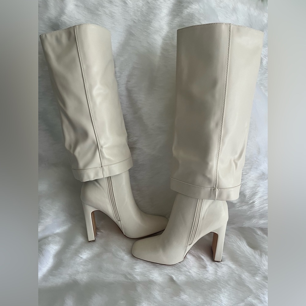 Lulus Cream Knee High Square Toe Heel Boots